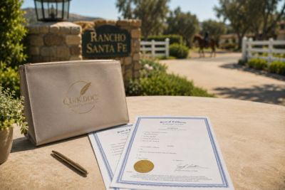 Certificates on a table with a Rancho Santa Fe sign in the background.
