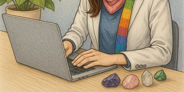 Woman working on laptop with colorful scarf and crystals on desk.