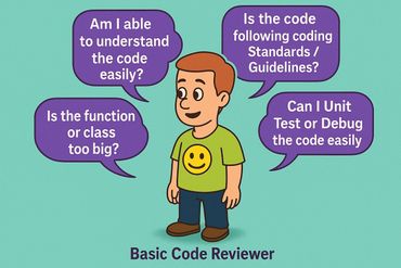 Cartoon character with questions for basic code review.