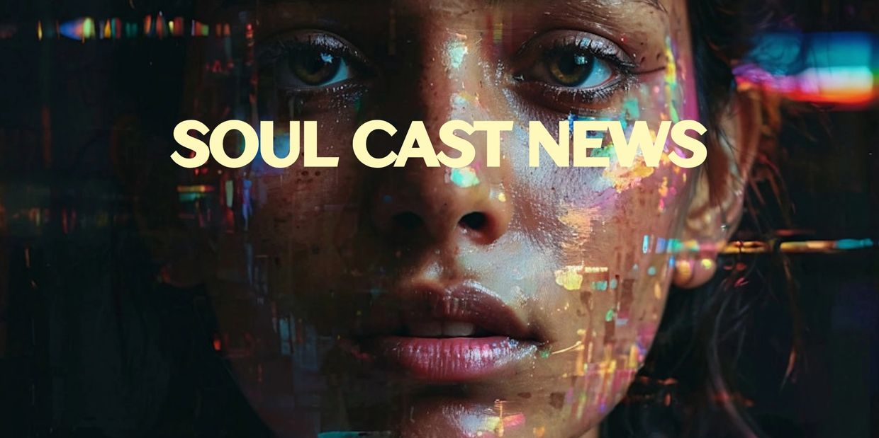A woman with wet face paint is looking ahead and write a text soul cast news