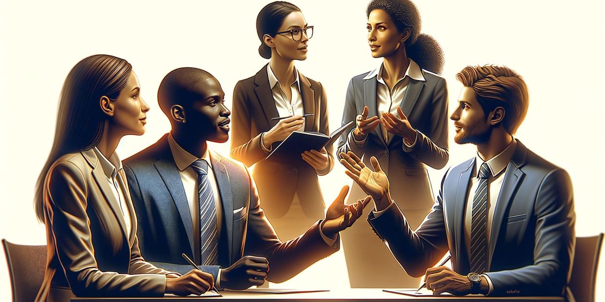 Group of people talking at a desk, networking.