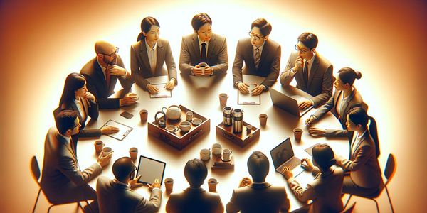 Group of people sitting around a round table wearing business attire and talking.
