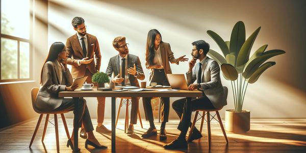 Small group of people wearing business attire talking and exchanging ideas.