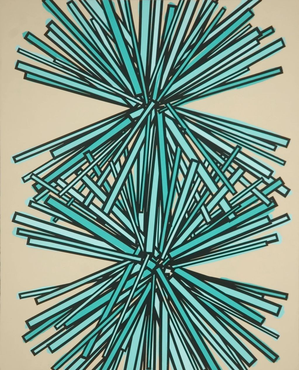 Abstract geometric art with teal and black lines radiating on beige background.