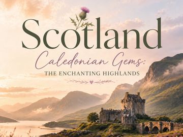 Scotland's enchanting Highlands with a castle and scenic mountains at sunset.