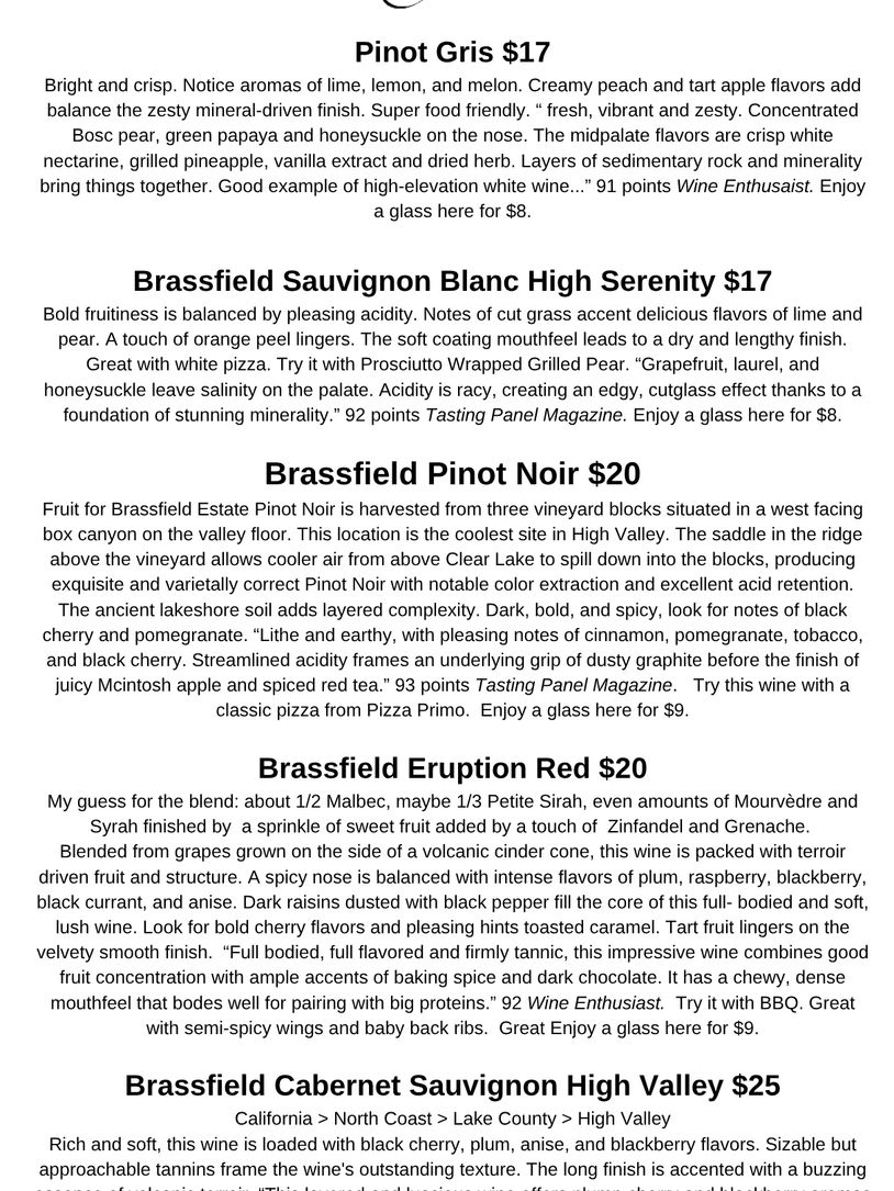 Wine menu featuring Brassfield vineyard selections including Pinot Gris, Sauvignon Blanc, Pinot Noir, Eruption Red, and Cabernet Sauvignon.