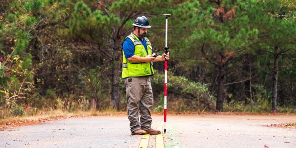 Surveyor works on road using GPS equipment.