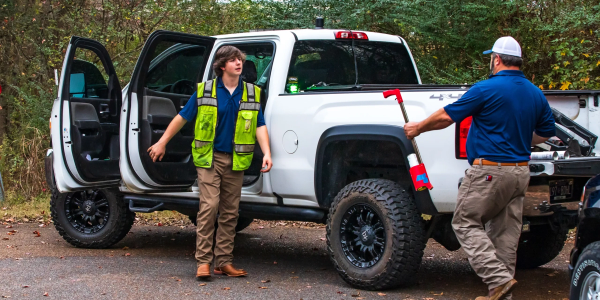 Two men near a white truck, one holding a tool.