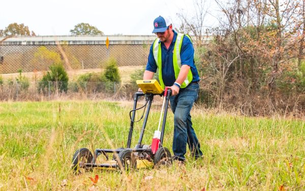 Man using ground scanning equipment in a field.