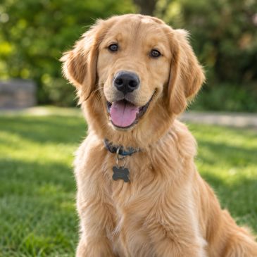 Happy golden retriever dog in a garden.