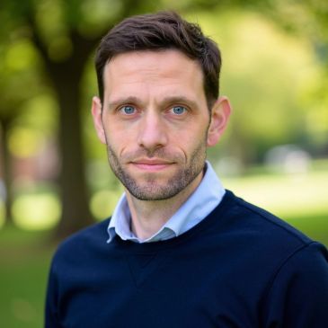 Portrait of a man outdoors with a blue sweater.