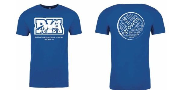 Blue t-shirt with school logo and motivational words design.