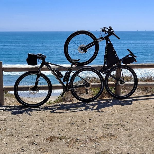Two black bicycles, one balanced upright on its rear wheel, by a beachside fence.