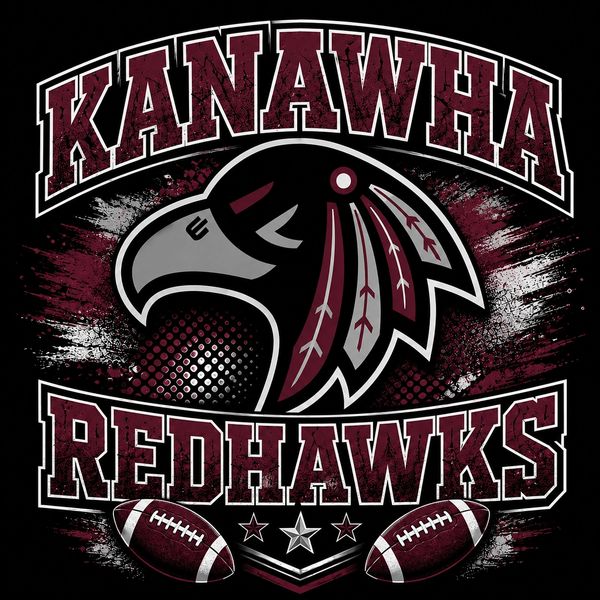 Kanawha Redhawks football logo with an eagle head and two footballs.