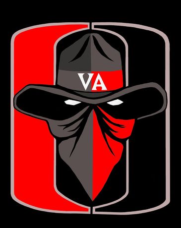 Masked cowboy with VA on hat split in red and black.