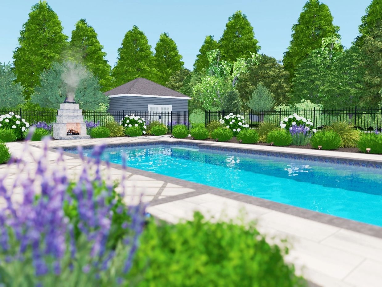 swimming pool with landscaped yard and fireplace.