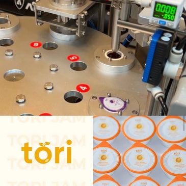 Tori jam production and packaging with branded containers and logos.