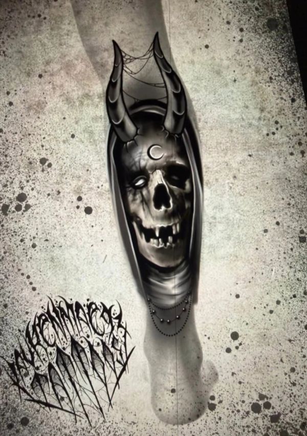 Dark skull with horns and crescent moon.