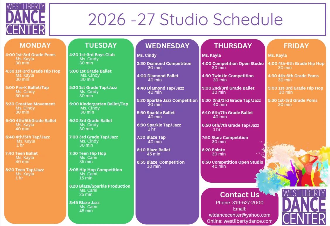 Colorful 2026-27 West Liberty Dance Center weekly studio schedule with classes from Monday to Friday.