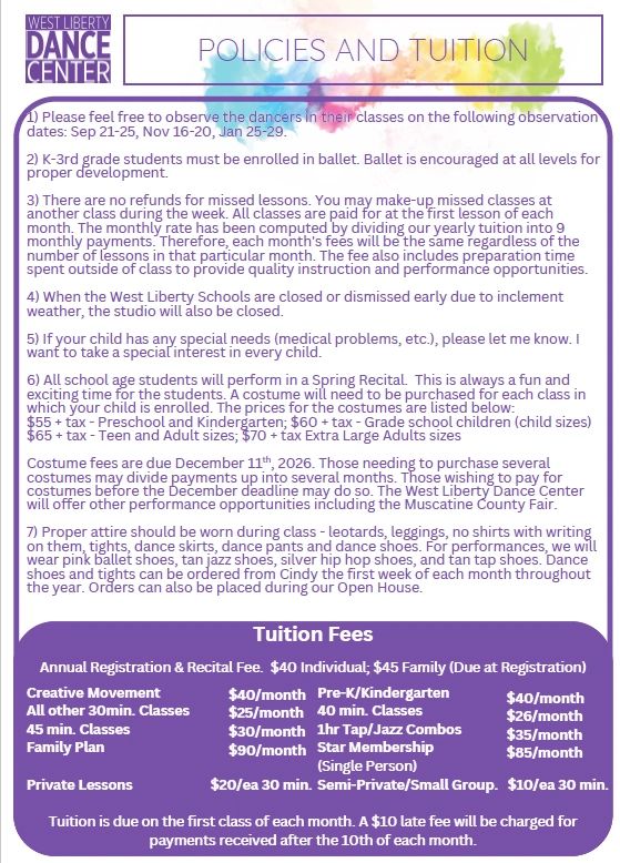 West Liberty Dance Center policies and tuition details with class observations, fees, costume info, and dress code.