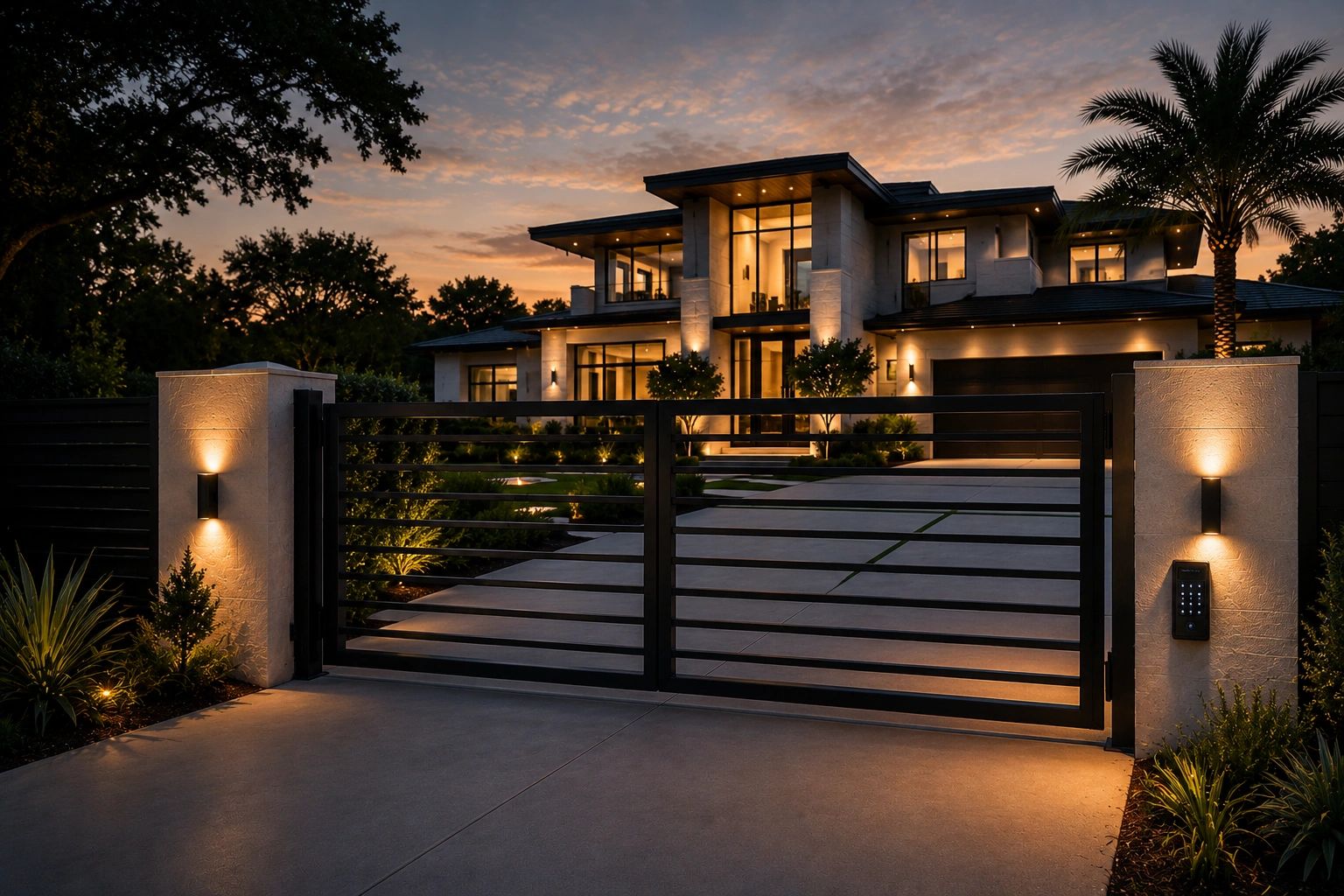 Custom automatic sliding gate with smart keypad access and modern luxury design in Houston, TX.