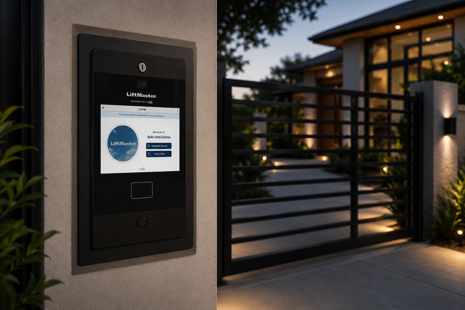 LiftMaster CAPXS flush-mounted smart access control system beside a modern automatic driveway gate i