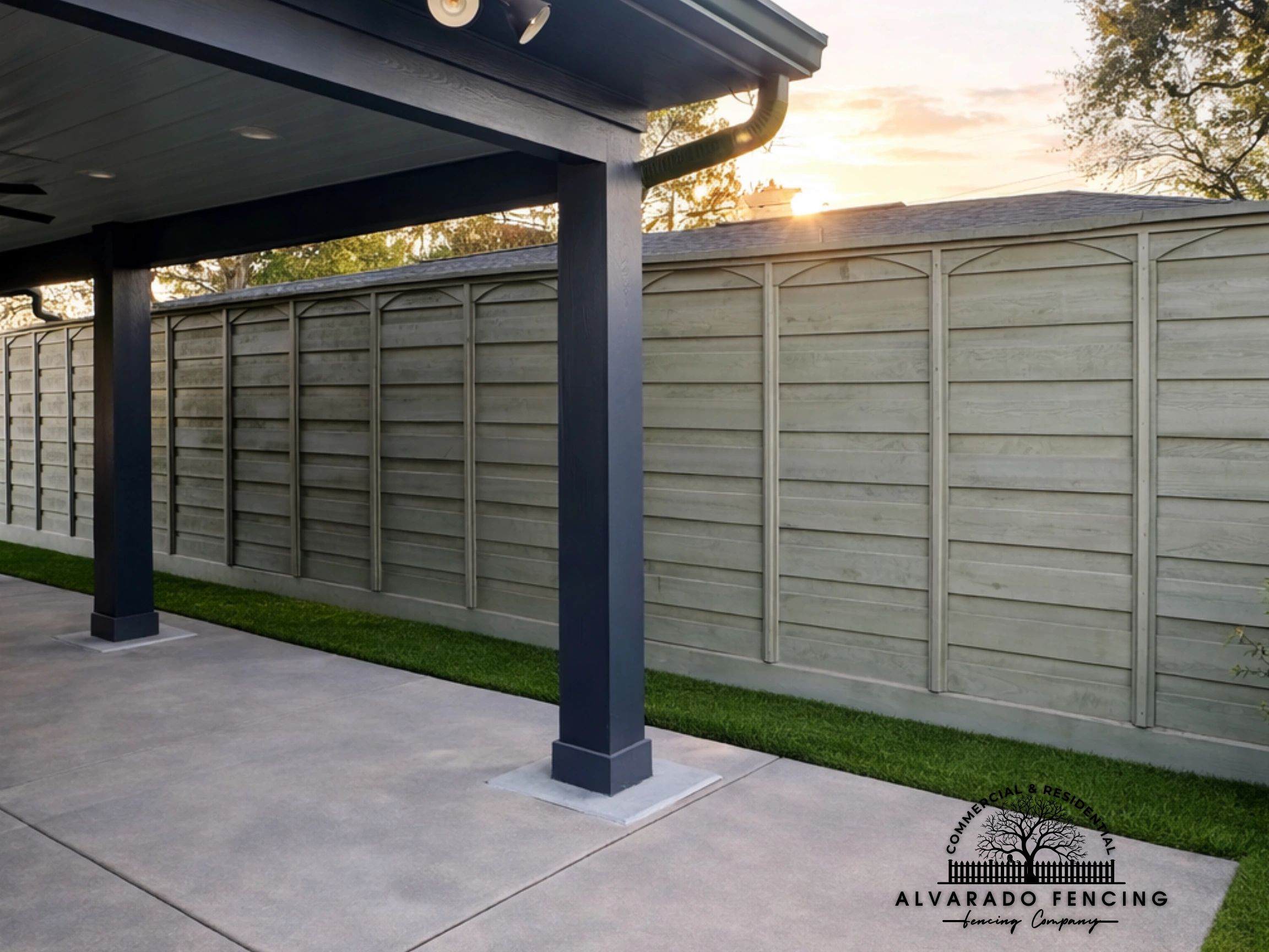 A tall, light gray wooden privacy fence behind a covered patio during sunset.