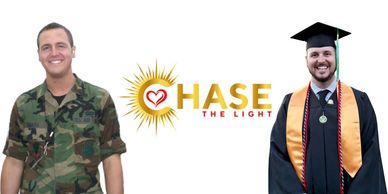 A man in military uniform and the same man in graduation attire with 'Chase the Light' logo.