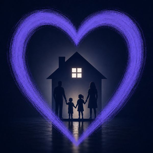 Family silhouette inside a heart with a house.