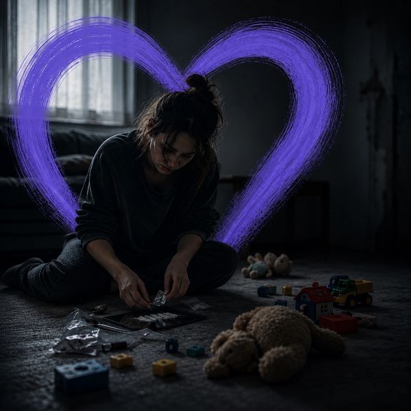 A person sits on the floor surrounded by toys, with a painted purple heart in the background.