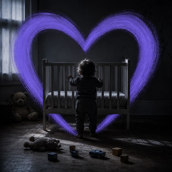 Toddler standing by crib with heart painted in purple behind.