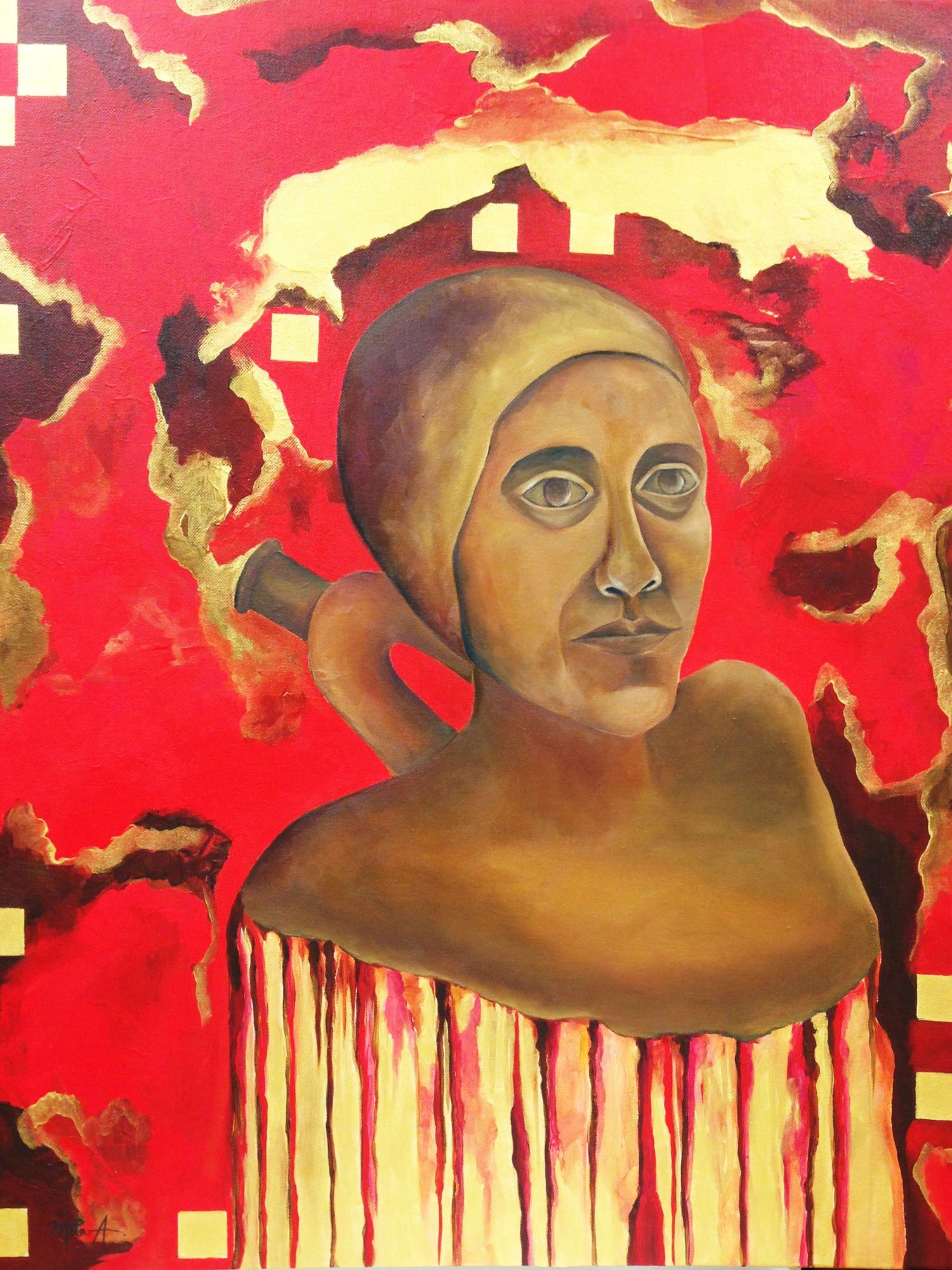 Abstract painting of a contemplative figure with earthy tones on a vibrant red and gold background.