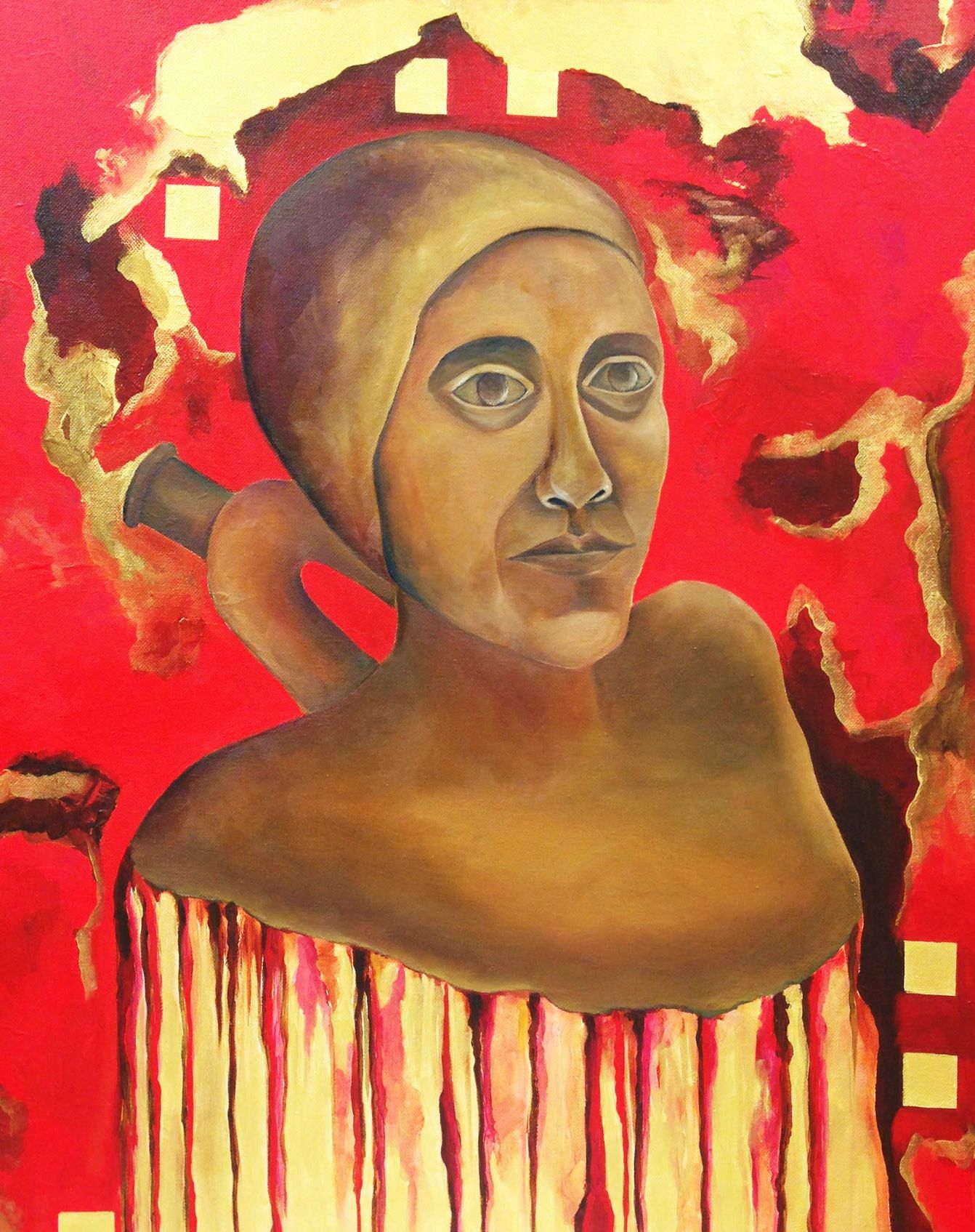 Self-portrait transformed into a ceramic vessel with red and gold painting and geometric figures.