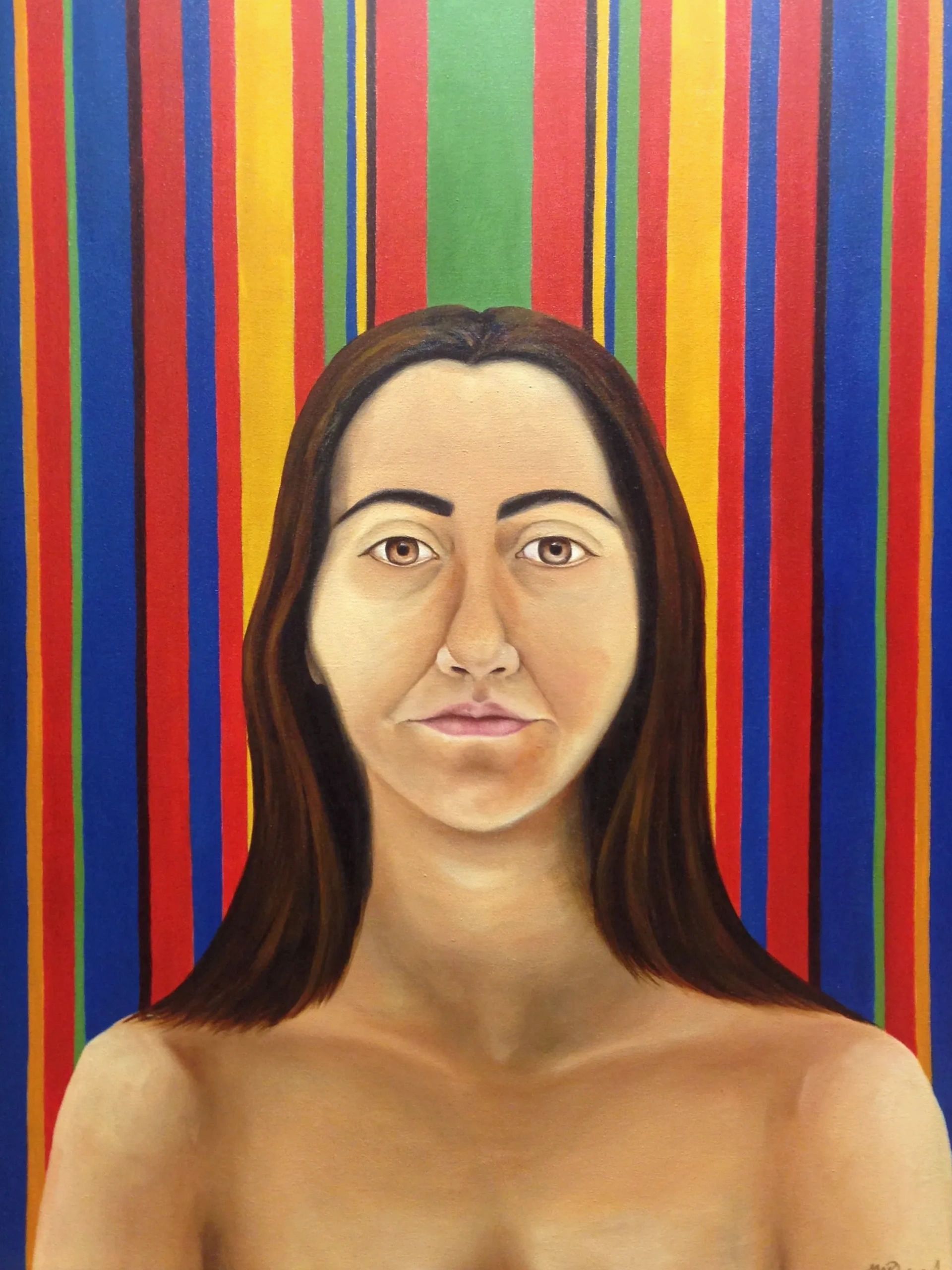 Portrait of a woman with colorful striped background.