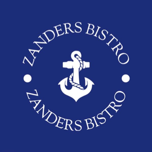 Nautical-themed Zanders Bistro logo with anchor and rope on blue background.