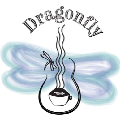 The word "dragonfly" above a steaming hot cup of coffee with a dragonfly flying around it.