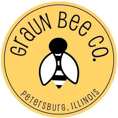 Yellow circle with text "Graun Bee Co." and "Petersburg, Illinois" around an illustration of a bee