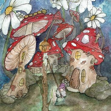 A painting of a gnome in a village filled with mushroom houses, painted by Hannah Siehr.