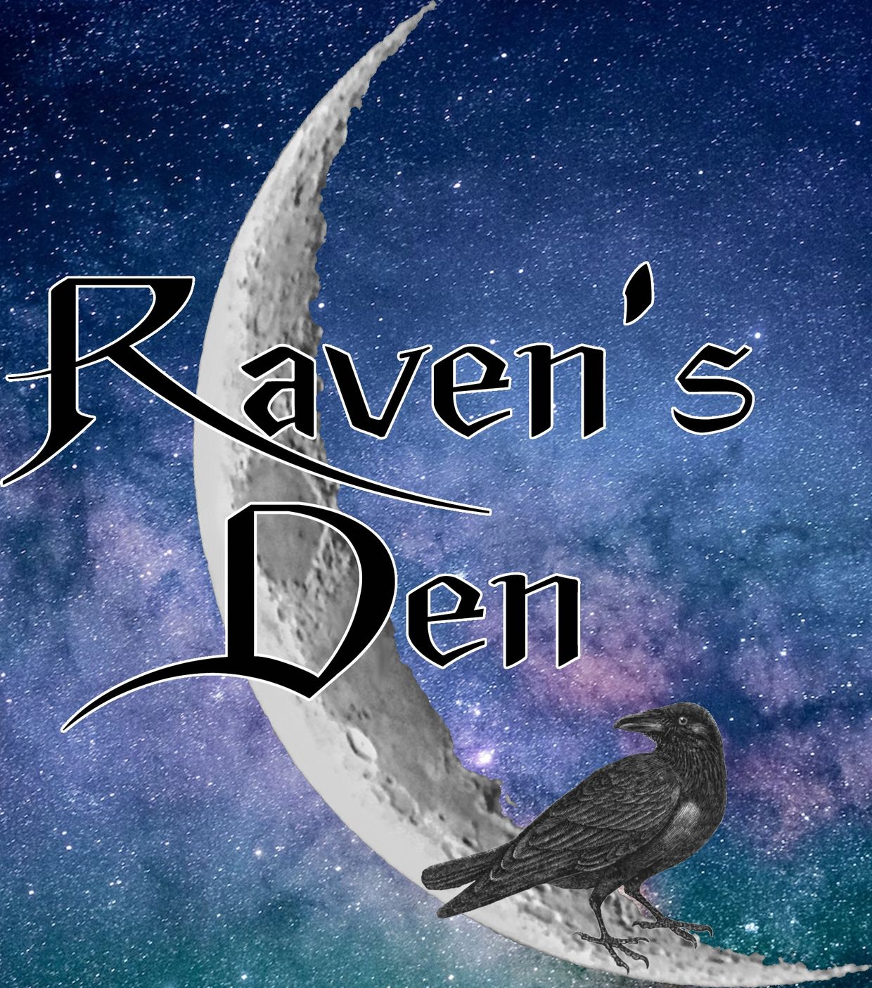A painting of a raven perched on a crescent moon, with "Raven's Den" written in black text.