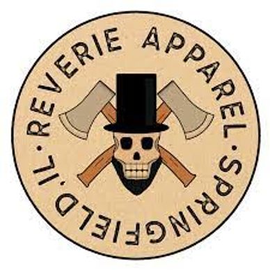 Reverie Apparel of Springfield, Illinois logo with a skull wearing a top hat and two crossed axes.