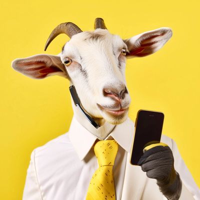 A goat in business attire holding a smartphone against a yellow background.