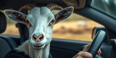 A goat sitting in the driver's seat of a car, holding the steering wheel.