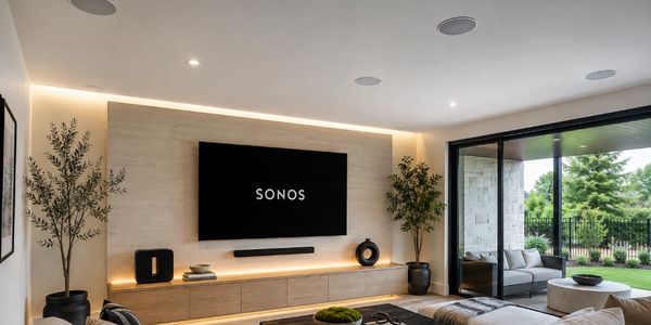 Modern living room with SONOS TV and ambient lighting.