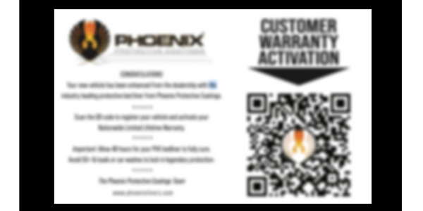 Warranty activation card with QR code for Phoenix Protection Coatings.
