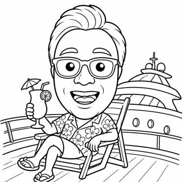 Cartoon of a man relaxing on a cruise ship deck.