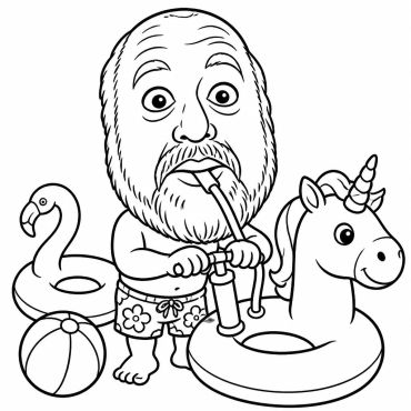 Man inflating a unicorn pool float.