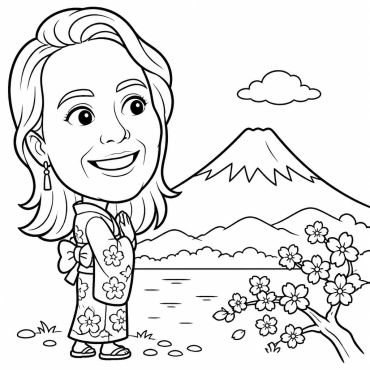 Cartoon woman in traditional Japanese kimono by a lake with cherry blossoms and Mount Fuji.