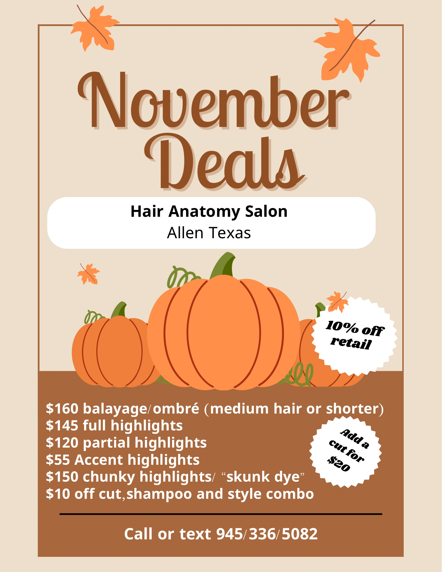 November hair specials and deals ! 
Highlights, skunk dye, chunky highlights, balayage
Allen Texas  