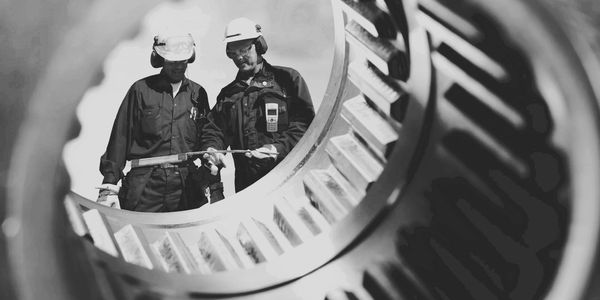 Two gearbox technicians looking at a part, behind a transmission gear.