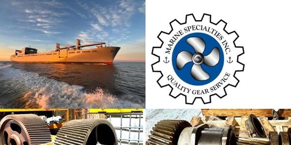 Picture collage of Marine Specialties, Inc. company logo, transmission gears, and the USNS Bob Hope